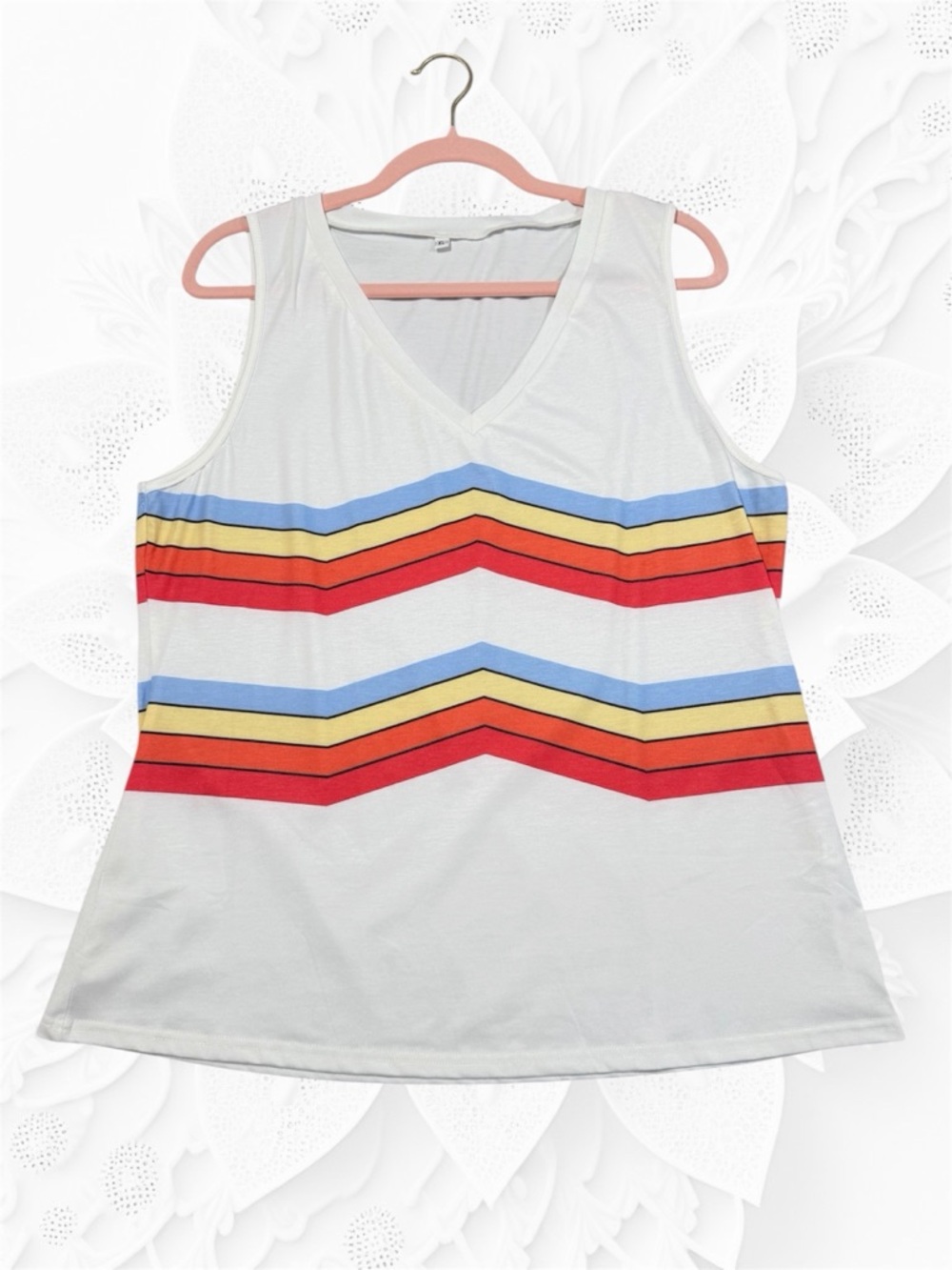 Sleeveless V-Neck Stripe Tank Top - White with Red, Yellow & Blue